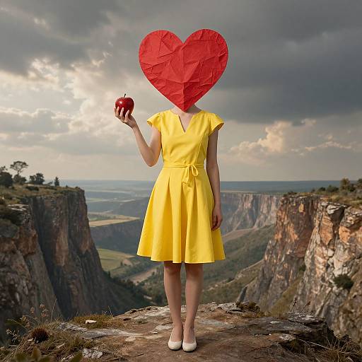 Photograph of a woman in a yellow dress and white shoes, standing on a cliff, holding a red heart mask and apple, with dramatic cloudy sky