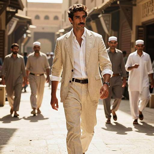 Photograph of a handsome man with dark curly hair and mustache, wearing a white suit, white shirt, and black belt, walking confidently down a