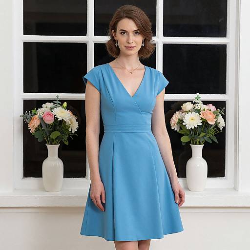 Photograph of a Caucasian woman with short brown hair, wearing a blue V-neck dress, standing in front of a white-framed window with two white