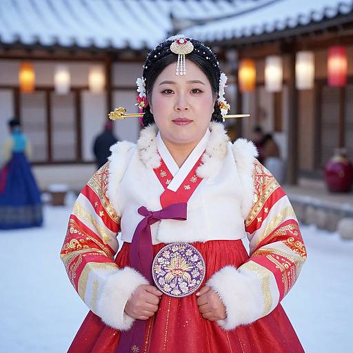 Lifelike Portrait of Woman in Korean Winter Hanbok