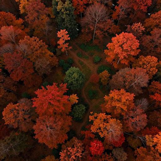 Aerial photograph of a dense forest in autumn, showcasing vibrant red, orange, and green leaves. Dark brown tree trunks and paths create a contrasting