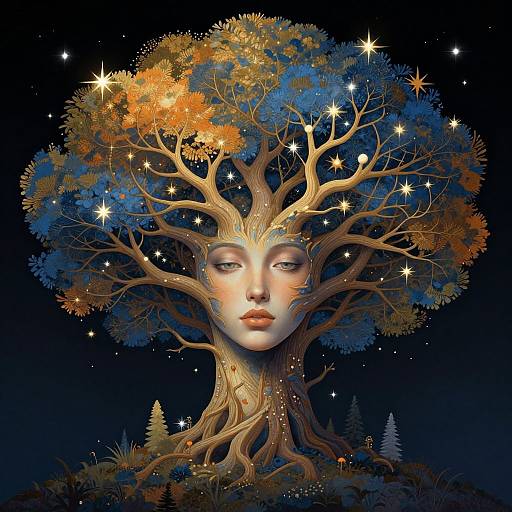 Digital artwork of a faceless woman with luminous skin, surrounded by a tree with colorful leaves and sparkling stars, set against a dark, starry