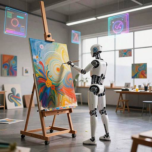 Photograph of a white humanoid robot painting on an easel in a brightly lit, modern art studio with colorful abstract paintings and neon digital interfaces.