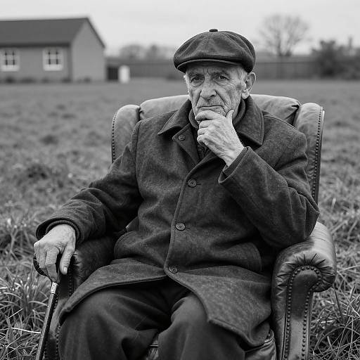 Elderly man sitting in leather armchair outdoors