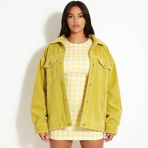 Photograph of a confident woman with dark hair, wearing a yellow plaid dress and oversized yellow denim jacket, against a plain white background.