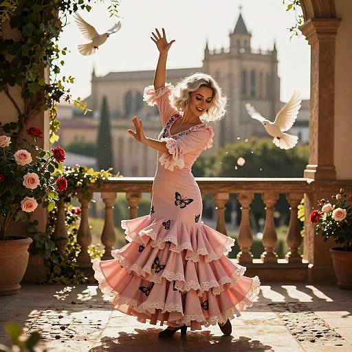 Photograph of a smiling woman in a pink, ruffled, butterfly-decorated dress, dancing on a sunlit balcony with roses, birds,