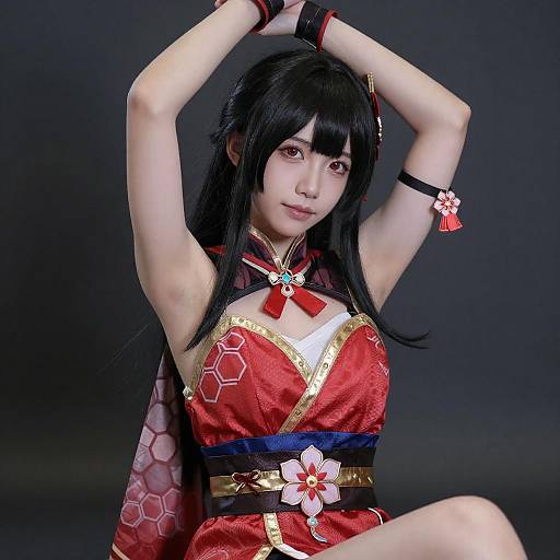 Asian Woman in Red and Gold Cosplay