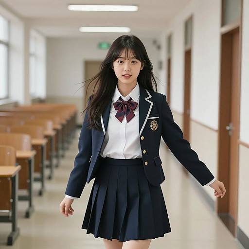 Photograph of an Asian woman in a dark blue school uniform with a white shirt, bow tie, and pleated skirt, walking down a brightly lit
