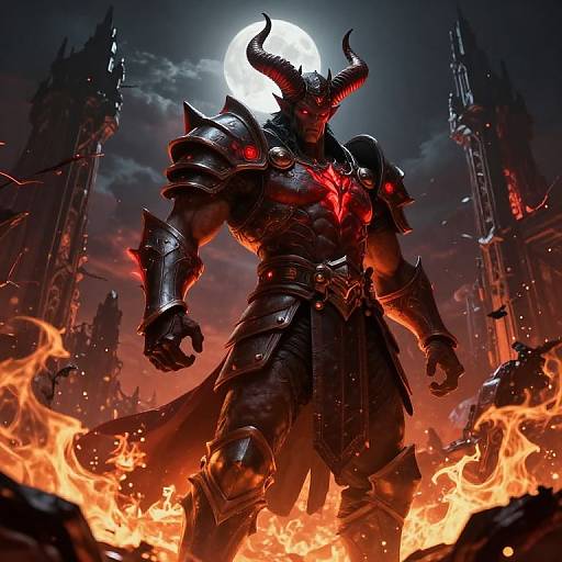 Digital artwork of a muscular, demonic warrior with glowing red eyes, black armor, and horns, standing in fiery flames before a full moon and gothic