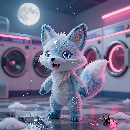 Plush Ice Fox in Neon Laundromat