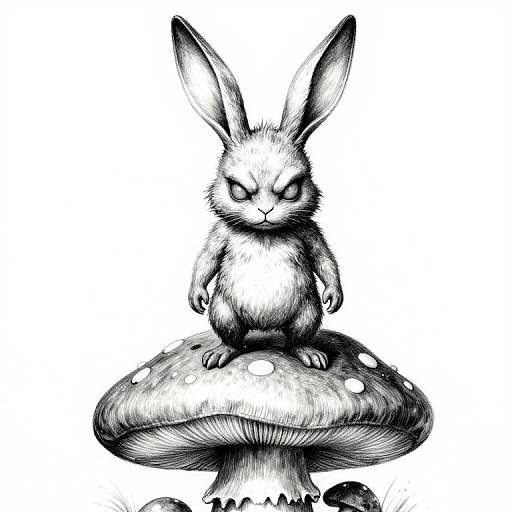 Ink drawing of a fierce, black-and-white rabbit with intense eyes, standing on a large, spotted mushroom against a white background.