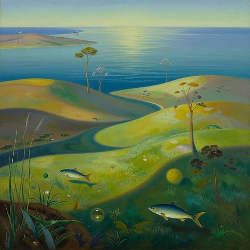 Vibrant digital painting of a sunlit coastal landscape with rolling yellow-green hills, scattered trees, and three silver fish underwater, bubbles floating, and