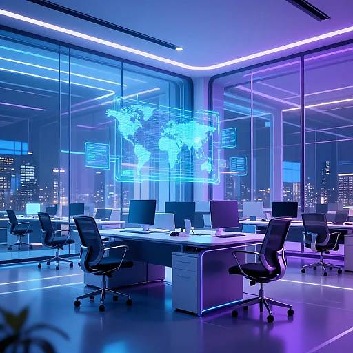 Photograph of a modern, futuristic office with blue and purple neon lighting, glass walls, cityscape view, and glowing world map hologram overhead.