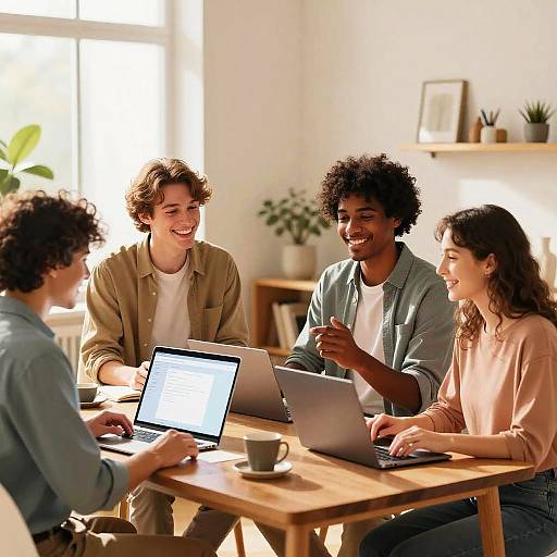 Photograph of four diverse, smiling young adults with curly hair, wearing casual clothes, seated around a wooden table with laptops, in a bright, sun