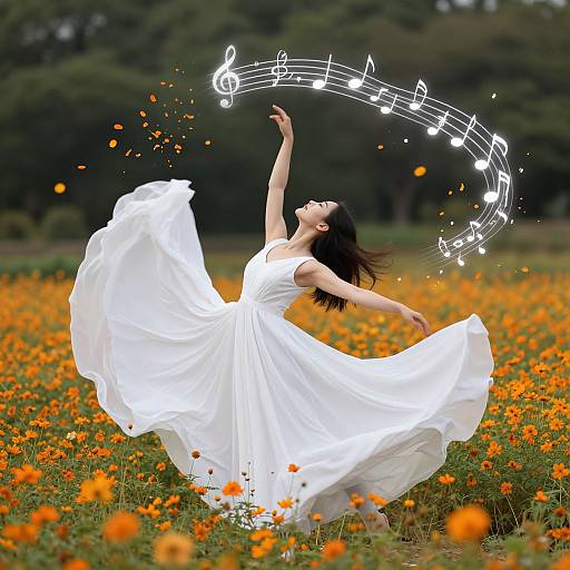 Photograph of a woman in a flowing white dress dancing in a vibrant orange flower field, with musical notes swirling above her.