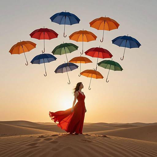 Photograph of a woman in a flowing red dress standing in a desert, silhouetted against a sunset, with colorful umbrellas floating above her