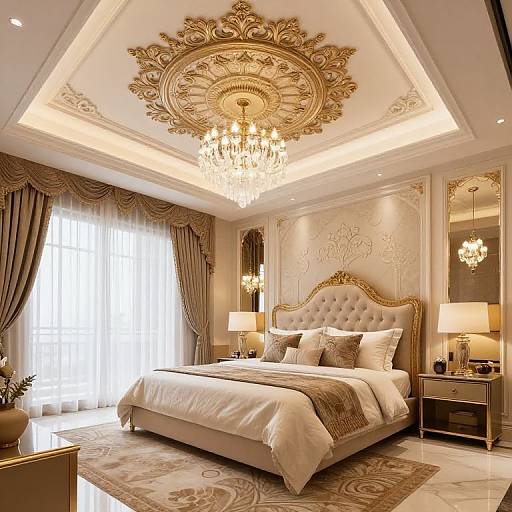 Luxurious bedroom photograph: ornate gold ceiling with chandelier, tufted beige headboard, white bedding, gold and beige curtains, two side