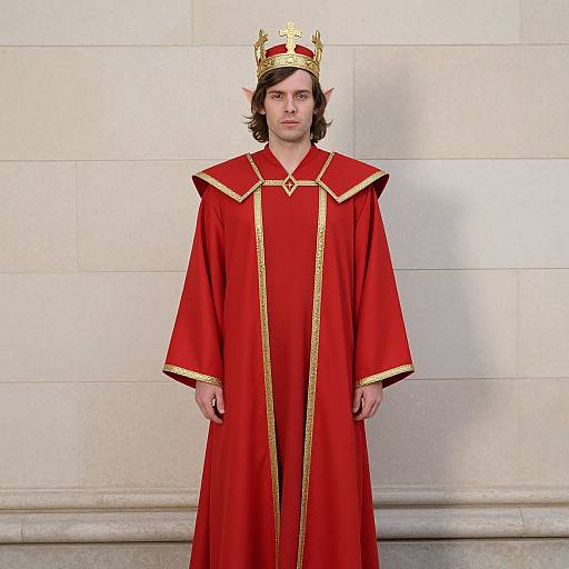 Photograph of a young man with pointed elf ears, wearing a red and gold royal robe and crown, standing against a beige stone wall.