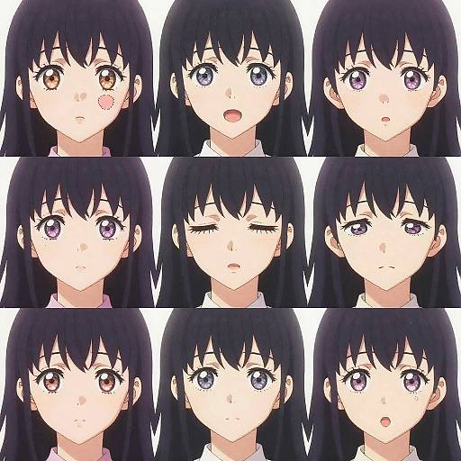 Digital anime-style image showing a black-haired girl with varying expressions: surprised, neutral, happy, sad, sleepy, and calm, with brown and purple