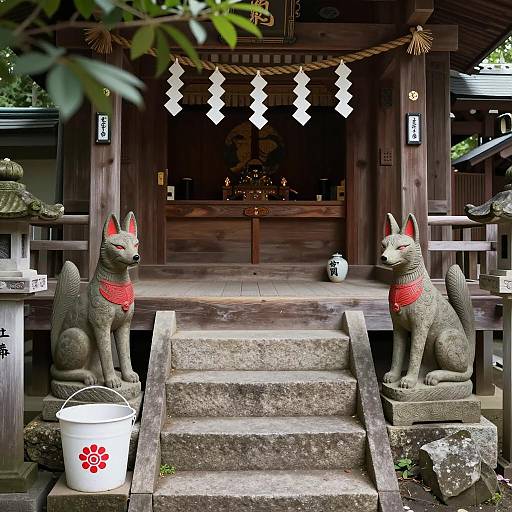 Serene Wooden Shrine with Fox Statues