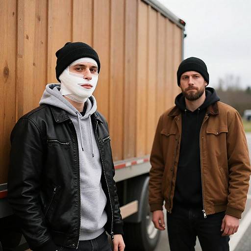 Two Men Beside a Wooden Truck