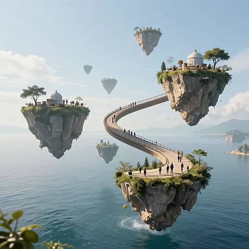 Spiraling Floating Islands Above Sea