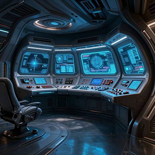 Photograph of a futuristic spaceship cockpit with glowing blue holographic screens, complex control panels, a black leather chair, and sleek metallic textures.