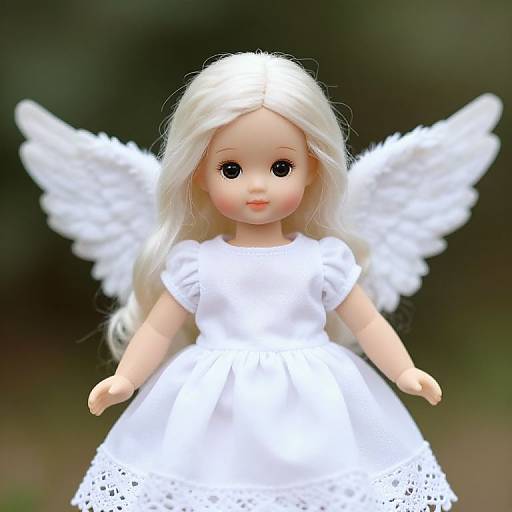 Photograph of a blonde-haired doll with white angel wings and a white lace dress, standing against a blurred green background.