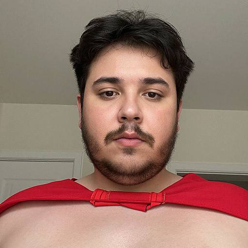 Close-up photograph of a young, bearded man with medium skin tone, dark hair, and a red cape draped over his shoulders, standing in a