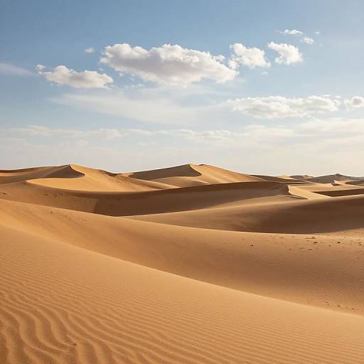 Photograph of a sunlit desert with golden sand dunes, rippled textures, and a clear blue sky with scattered white clouds.