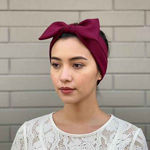 Photograph of an Asian woman with fair skin, wearing a white lace top and burgundy bow headband, against a gray brick wall.