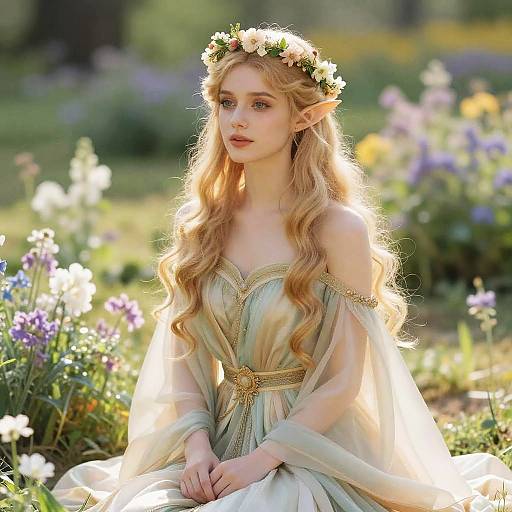 Photograph of a fair-skinned, blonde elf woman with long wavy hair, wearing a floral crown, off-shoulder, golden-green dress