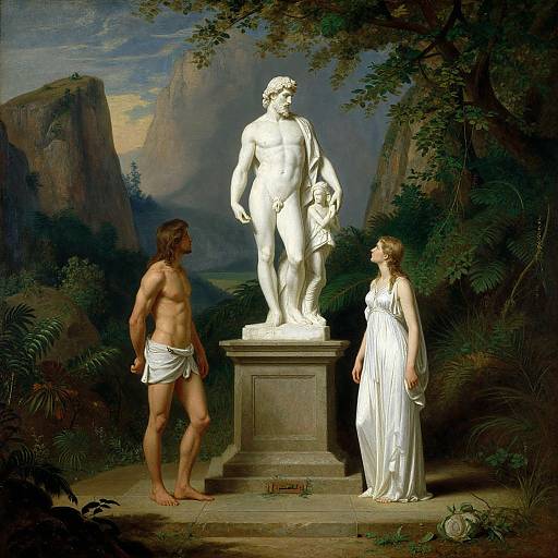 Neoclassical painting: muscular, shirtless man with loincloth gazes at white marble statue of nude, fair-skinned woman in flowing