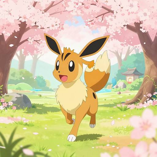 Digital anime-style drawing of an excited Eevee with large ears and fluffy tail, running under pink cherry blossoms in a sunny, lush forest with