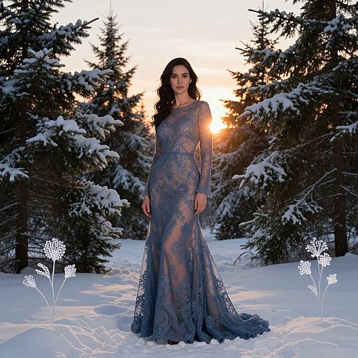 Photograph of a woman in a sheer, blue lace gown standing in a snowy forest at sunset, with illuminated snowflakes in the foreground.