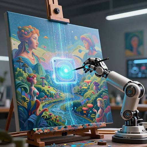 Photograph of a robotic arm painting a vibrant, digital, surreal landscape on canvas with two ethereal women in colorful nature scene.
