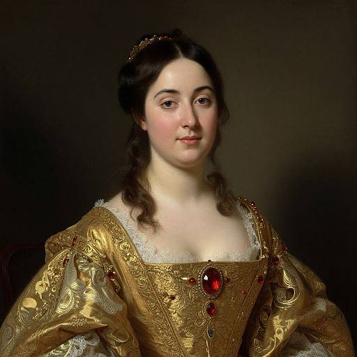 18th-century portrait of a fair-skinned woman with dark hair, wearing an ornate gold dress with red jewels, against a dark background.