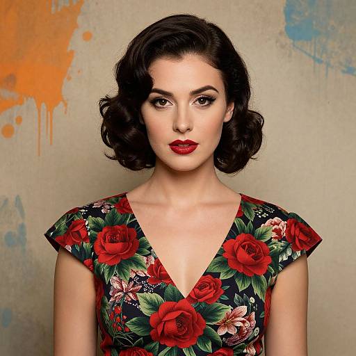 Photograph of a fair-skinned woman with dark, wavy hair, wearing a red rose floral dress, bold red lipstick, and a neutral background