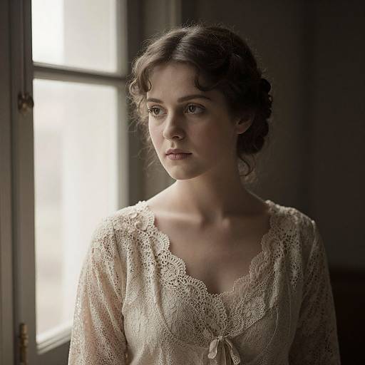 Photograph of a young woman with fair skin, brown curly hair, and blue eyes, wearing a delicate lace blouse, standing in a dimly lit
