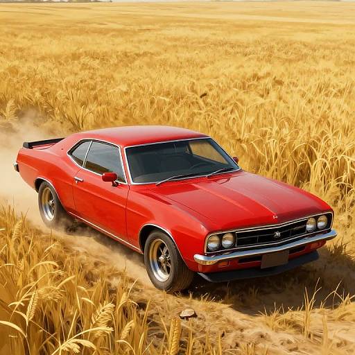 Photograph of a bright red, classic muscle car driving through a golden wheat field, kicking up dust, under a clear sky.