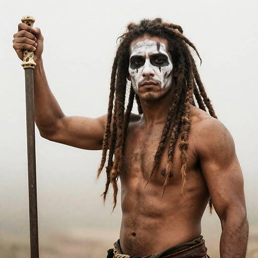 Muscular man with face paint holding skeletal staff