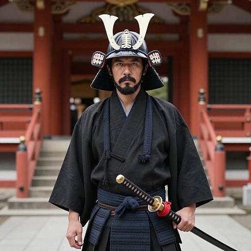 Photograph of a serious Japanese samurai in black kimono, traditional helmet with white horns, holding a katana, standing in front of a red