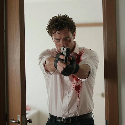 Man Aiming Gun in Blood-Stained Shirt