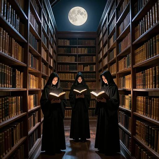 Moonlit Library with Cloaked Figures