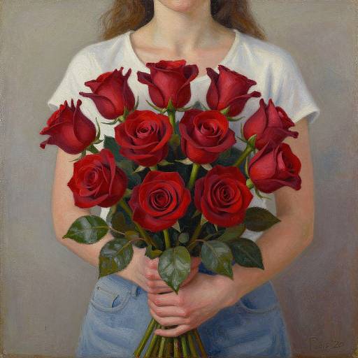 Photorealistic painting of a woman in a white shirt, holding a bouquet of vibrant red roses against a gray background.