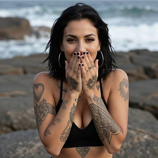 Tattooed woman with black hair, hoop earrings, and black nails covers mouth in surprise, wearing a black bikini top, at rocky beach.