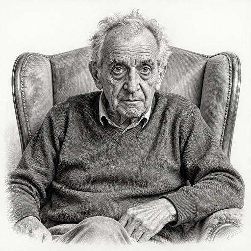 Black-and-white digital drawing of an elderly man with wrinkled skin, white hair, wearing a sweater, sitting in a leather armchair, hands resting