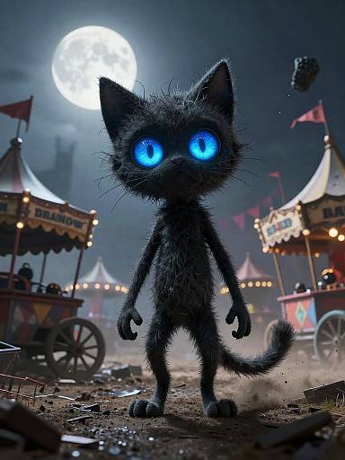 Digital illustration of a glowing blue-eyed, black-furred, cartoon cat standing in a carnival at night with a full moon, colorful tents, and flags
