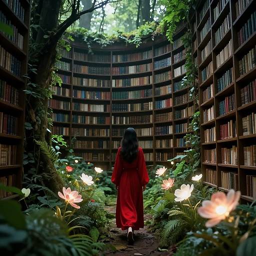 Dreamlike Forest Library with Crimson Figure