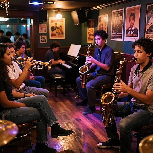 Photograph of four men playing saxophones in a dimly lit jazz club with wooden floors, posters on dark walls, and a pianist in